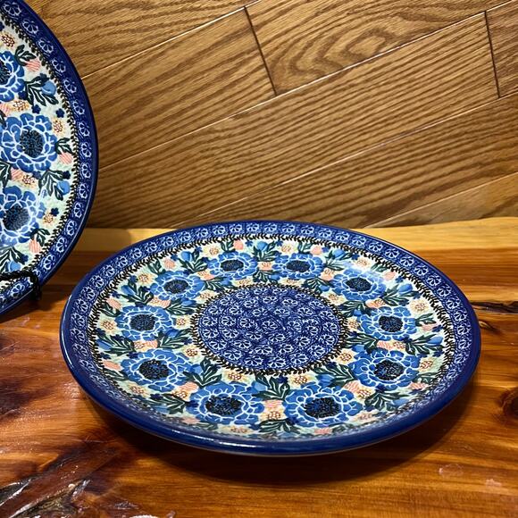 Unikat Polish Pottery Ceramika Blue Floral M. Starzyk 2290 Dinner Plate 10" Two - Picture 5 of 9